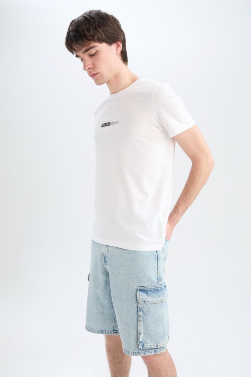 Erkek Açık Mavi %100 Pamuk Kargo Fit Jean Bermuda Şort