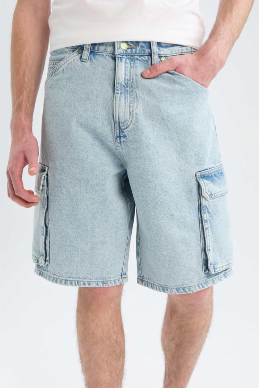 Erkek Açık Mavi %100 Pamuk Kargo Fit Jean Bermuda Şort