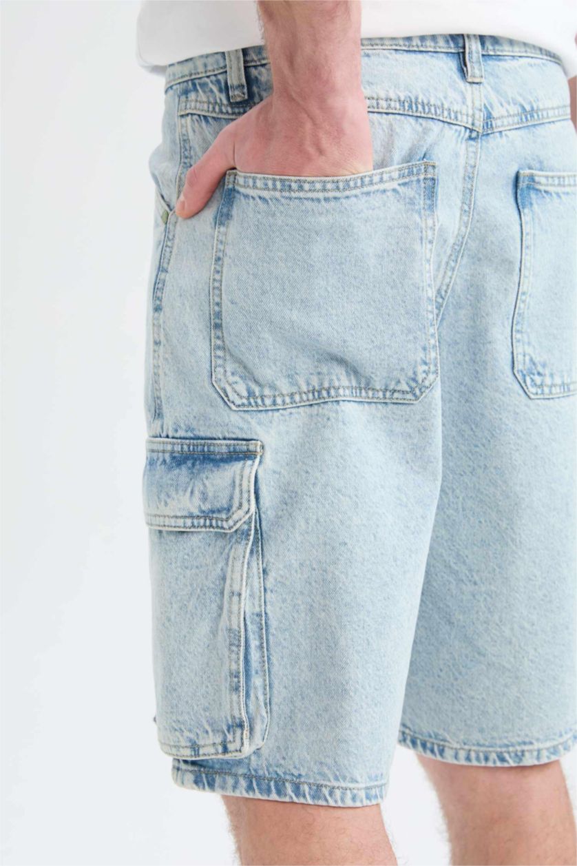 Erkek Açık Mavi %100 Pamuk Kargo Fit Jean Bermuda Şort