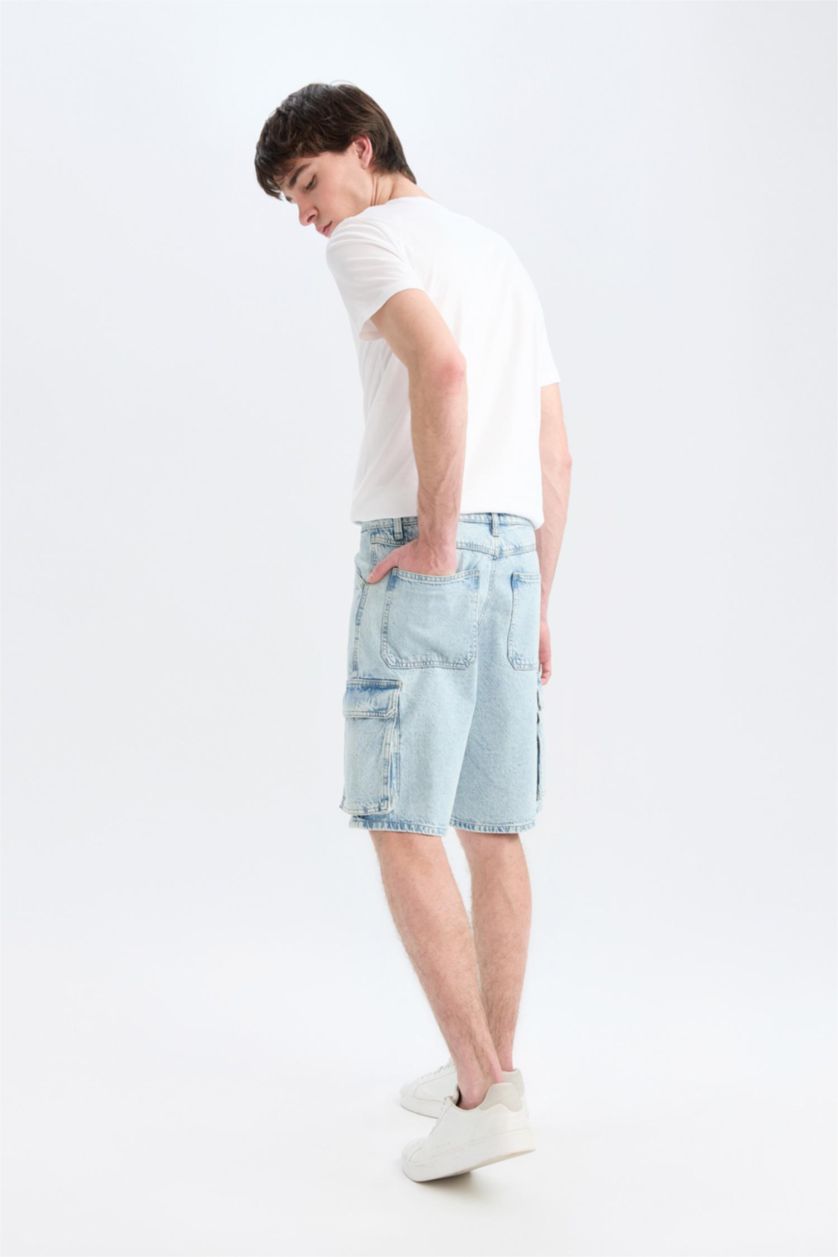 Erkek Açık Mavi %100 Pamuk Kargo Fit Jean Bermuda Şort