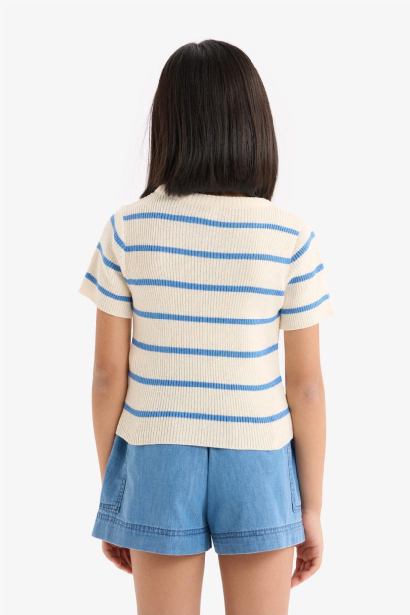 Kız Çocuk - Genç Kız Beyaz Cropped Fit Bisiklet Yaka Çizgili Kısa Kollu Triko Kazak Kız Çocuk