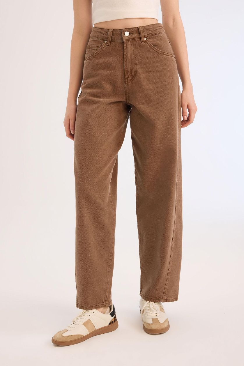 WOMAN Brown Baggy Fit Washed Normal Waist Gabardine Trousers