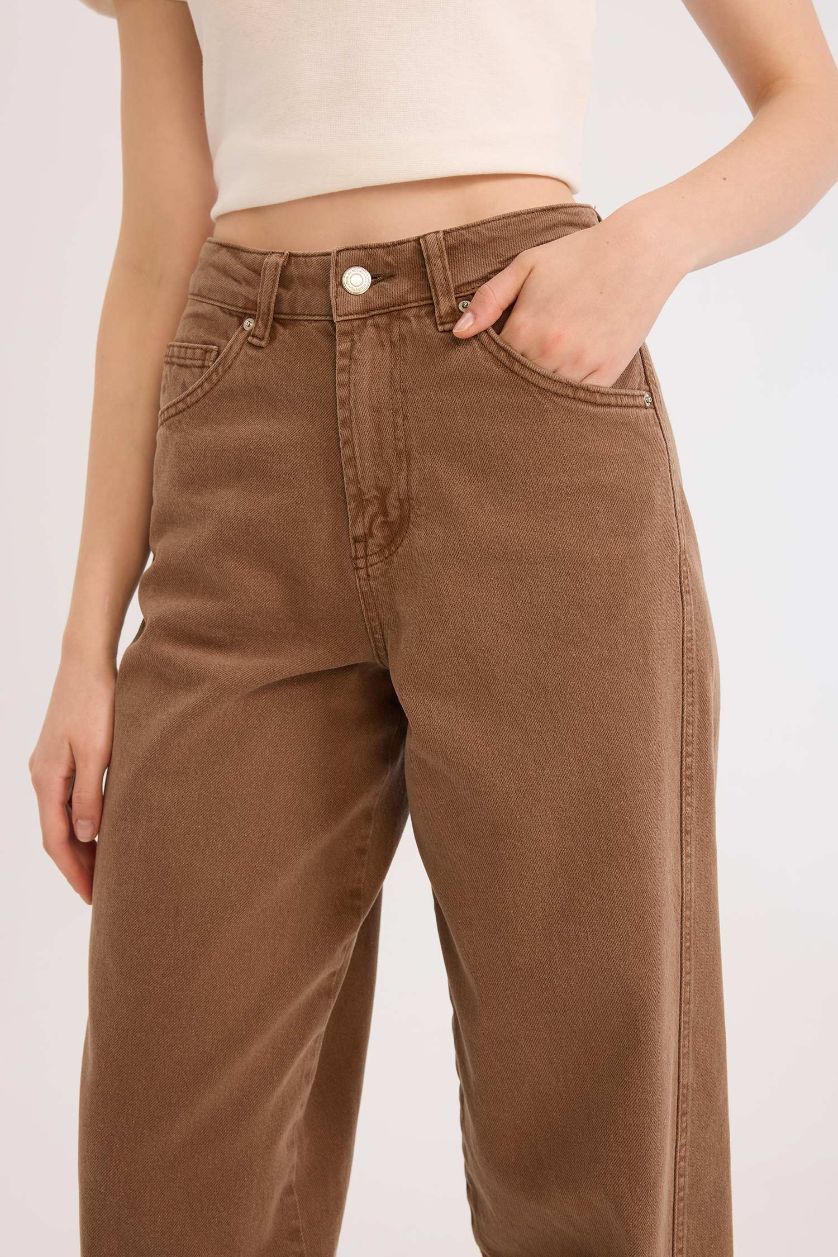 WOMAN Brown Baggy Fit Washed Normal Waist Gabardine Trousers
