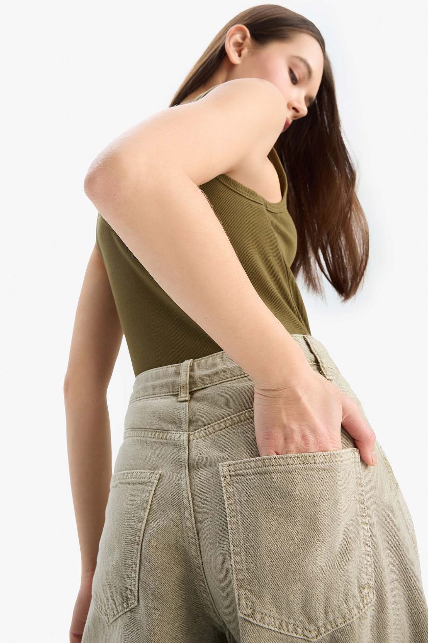 Kadın Haki %100 Pamuk Afra x DeFacto Baggy Fıt Gabardin Pantolon Yıkamalı Normal Bel