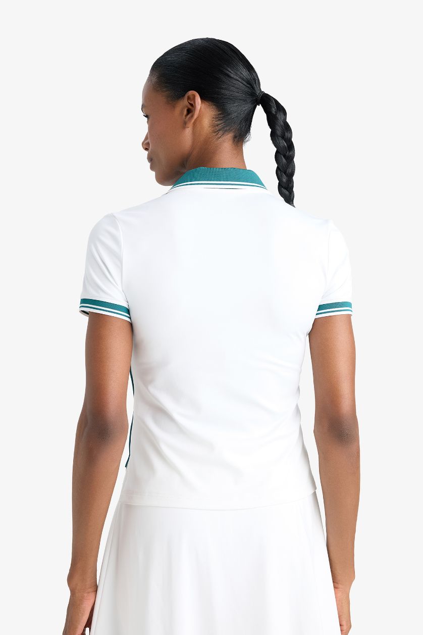 Kadın Beyaz Standart Fit Polo Yaka Baskılı Sporcu Kısa Kollu Beyaz Tişört