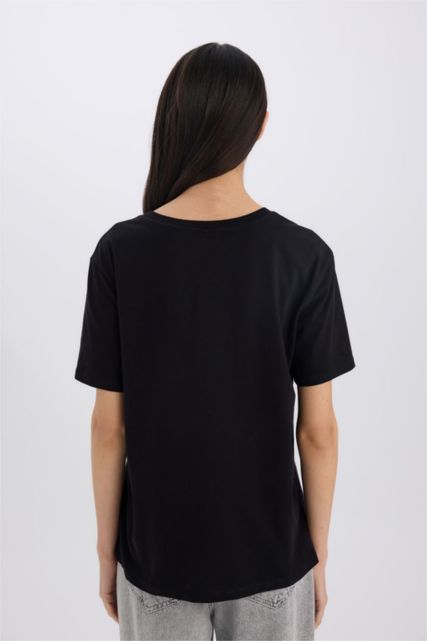 Kadın Siyah Relax Fit Bisiklet Yaka Basic Düz Penye Kısa Kollu Siyah Tişört