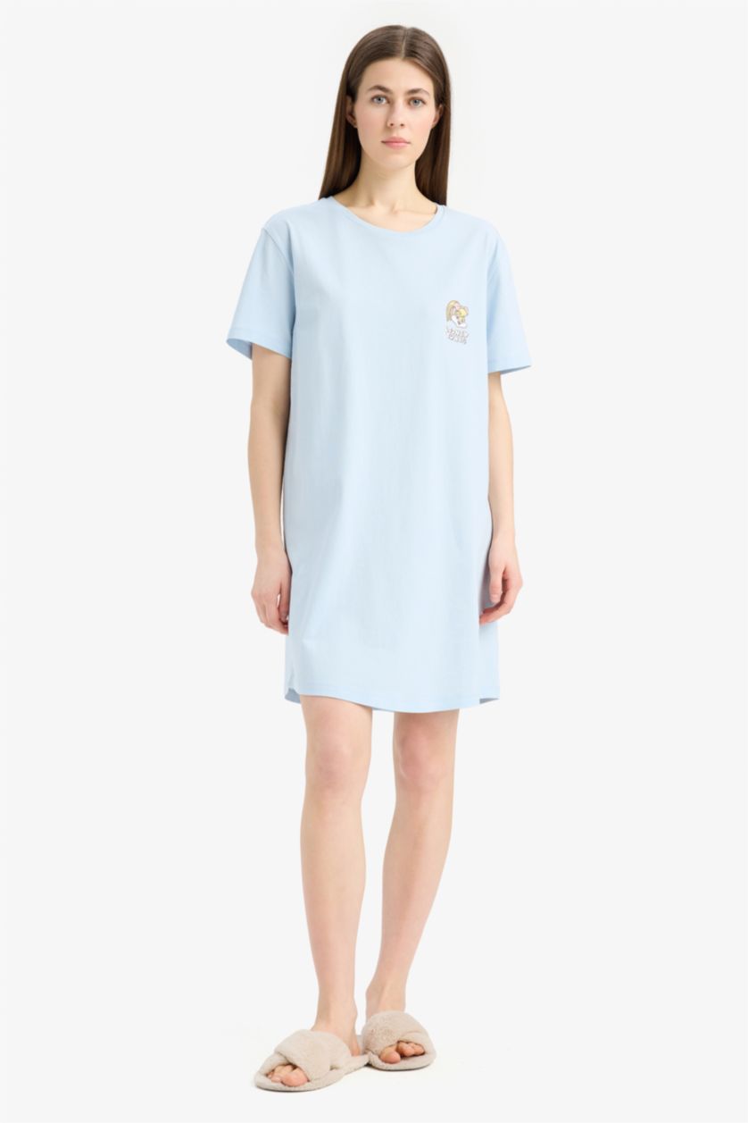 Woman Light Blue Regular Fit Crew Neck Looney Tunes Licensed Knitted Dress