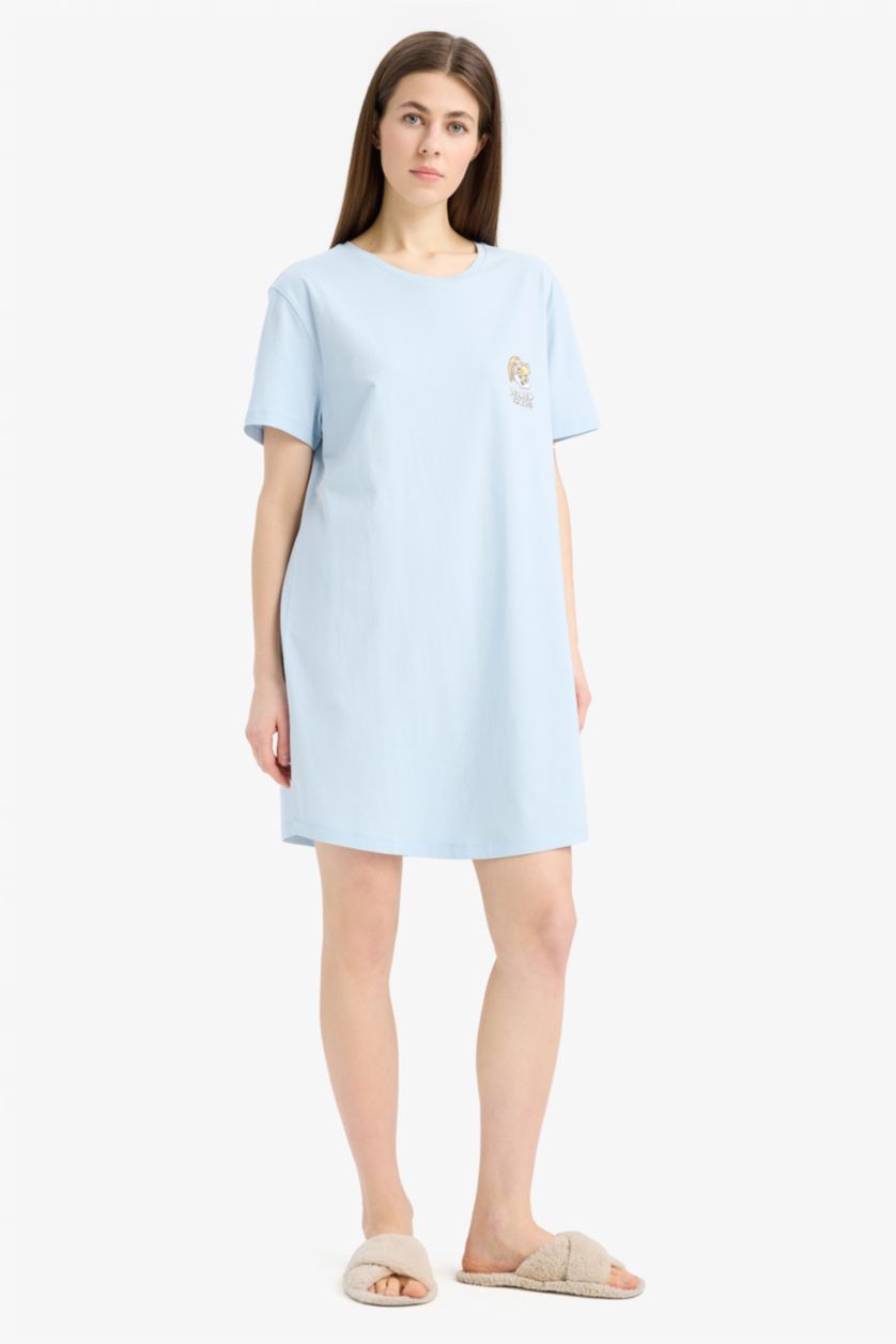 Woman Light Blue Regular Fit Crew Neck Looney Tunes Licensed Knitted Dress