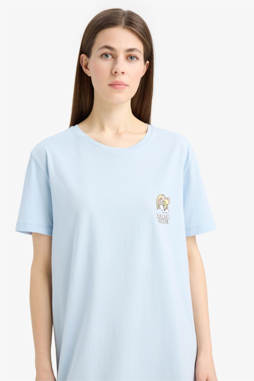 Woman Light Blue Regular Fit Crew Neck Looney Tunes Licensed Knitted Dress
