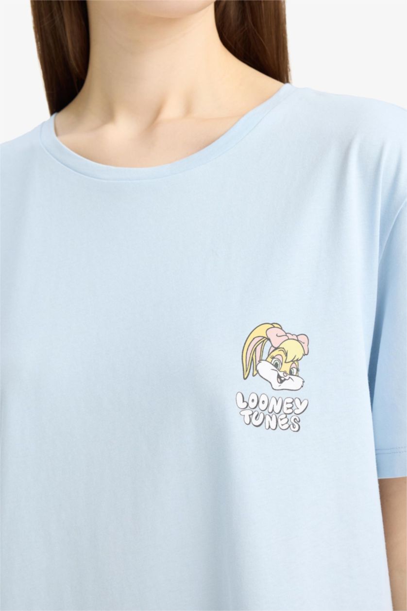 Woman Light Blue Regular Fit Crew Neck Looney Tunes Licensed Knitted Dress