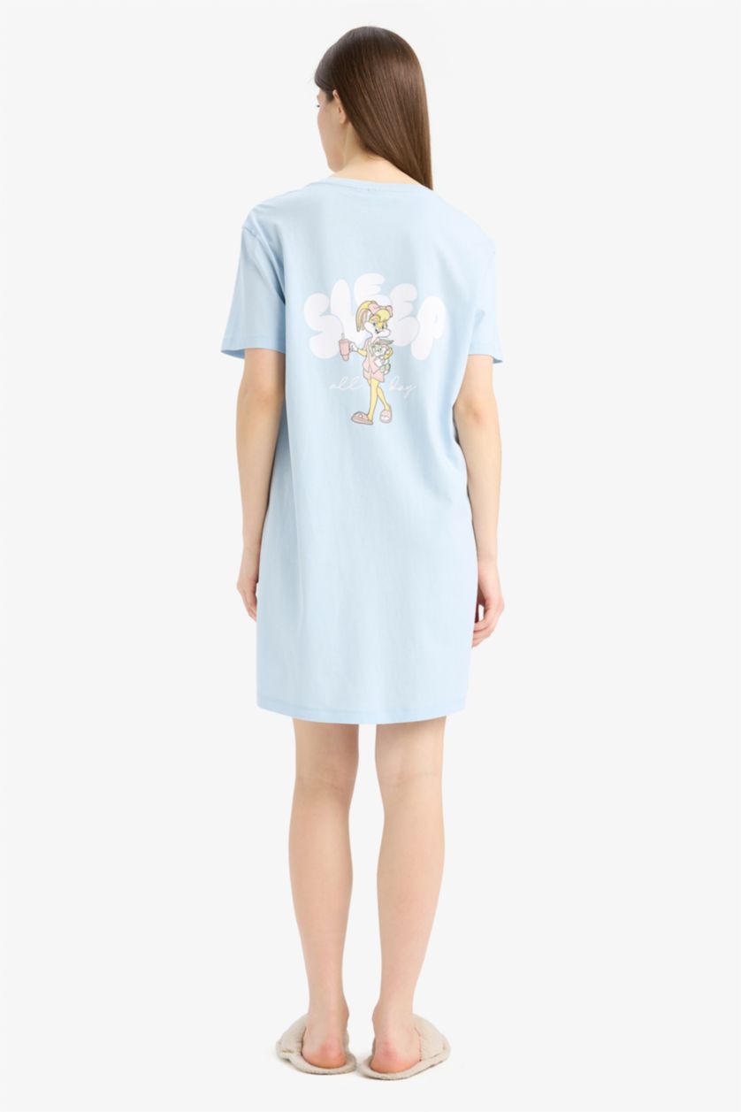 Woman Light Blue Regular Fit Crew Neck Looney Tunes Licensed Knitted Dress