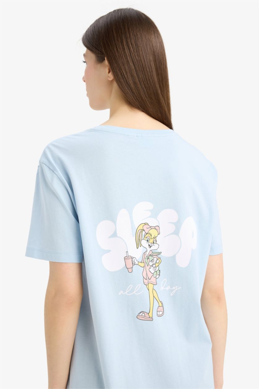 Woman Light Blue Regular Fit Crew Neck Looney Tunes Licensed Knitted Dress