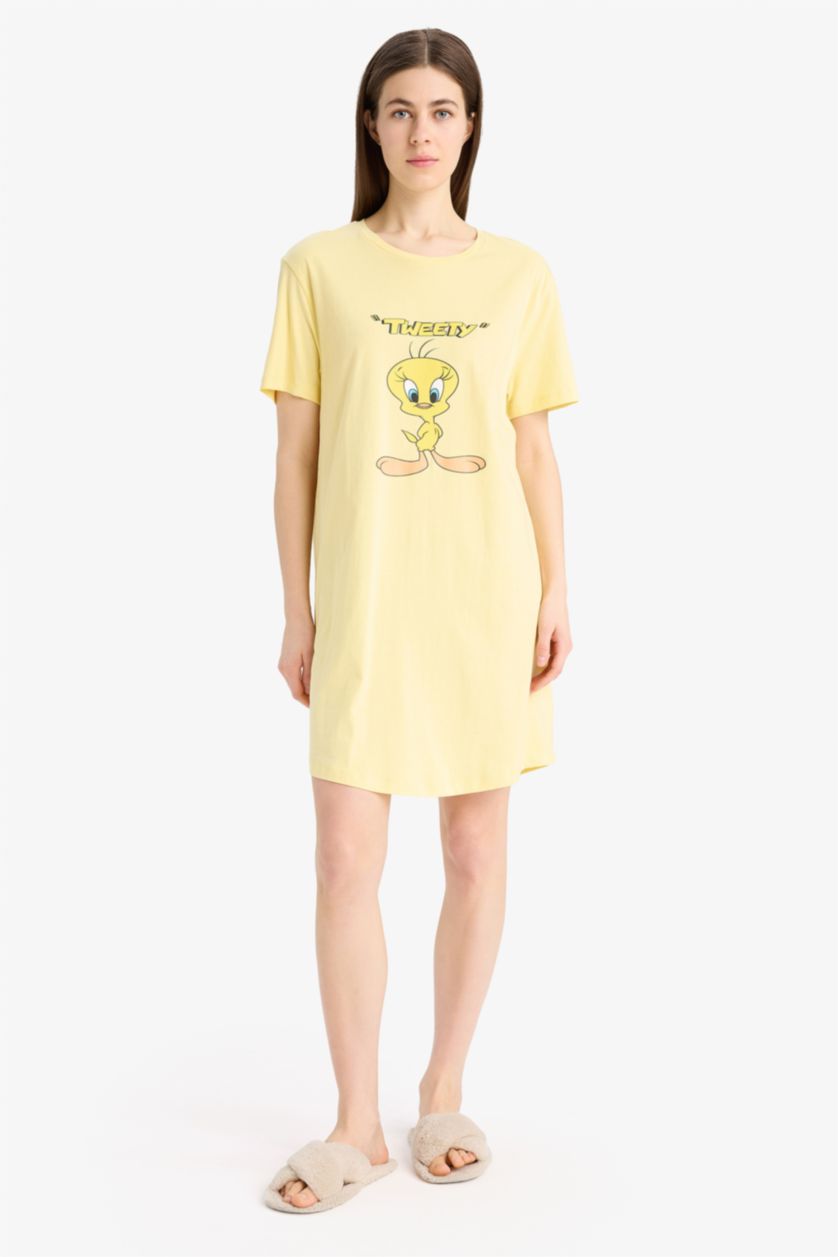 Kadın Sarı Looney Tunes Bisiklet Yaka Kısa Kollu Gecelik
