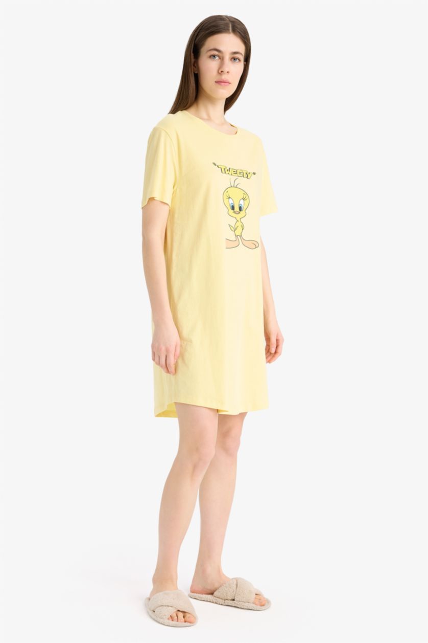 Kadın Sarı Looney Tunes Bisiklet Yaka Kısa Kollu Gecelik