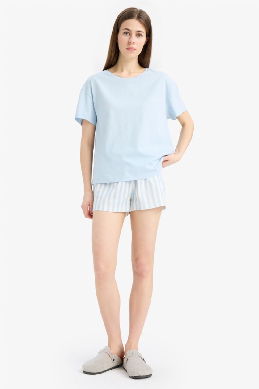 Kadın Açık Mavi Regular Fit Pijama Takımı Kısa Kollu Üst Beli Lastikli Şort