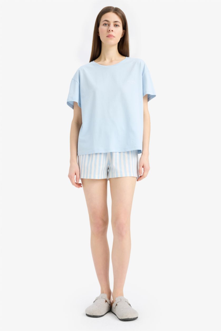 Kadın Açık Mavi Regular Fit Pijama Takımı Kısa Kollu Üst Beli Lastikli Şort