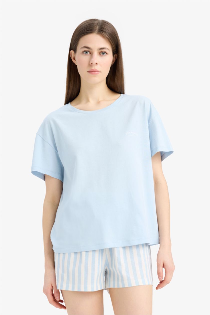 Kadın Açık Mavi Regular Fit Pijama Takımı Kısa Kollu Üst Beli Lastikli Şort