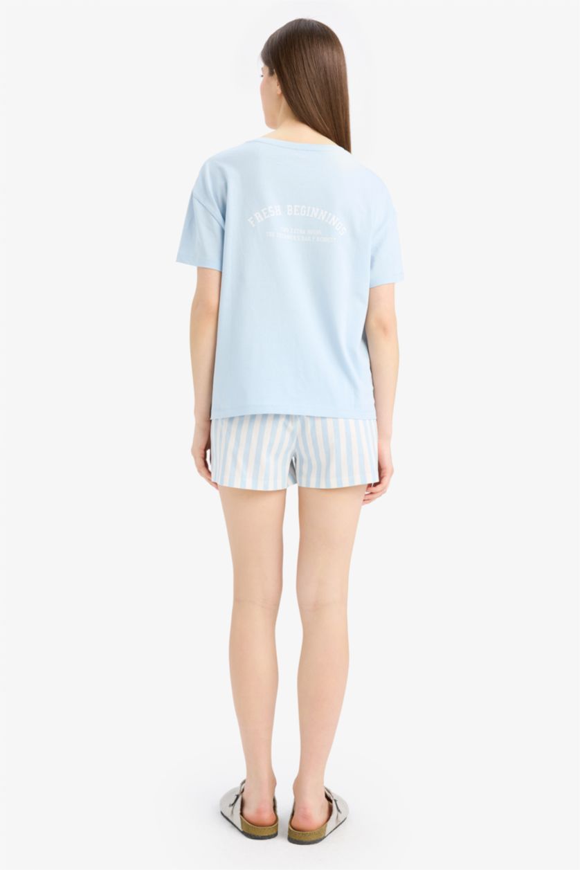 Kadın Açık Mavi Regular Fit Pijama Takımı Kısa Kollu Üst Beli Lastikli Şort