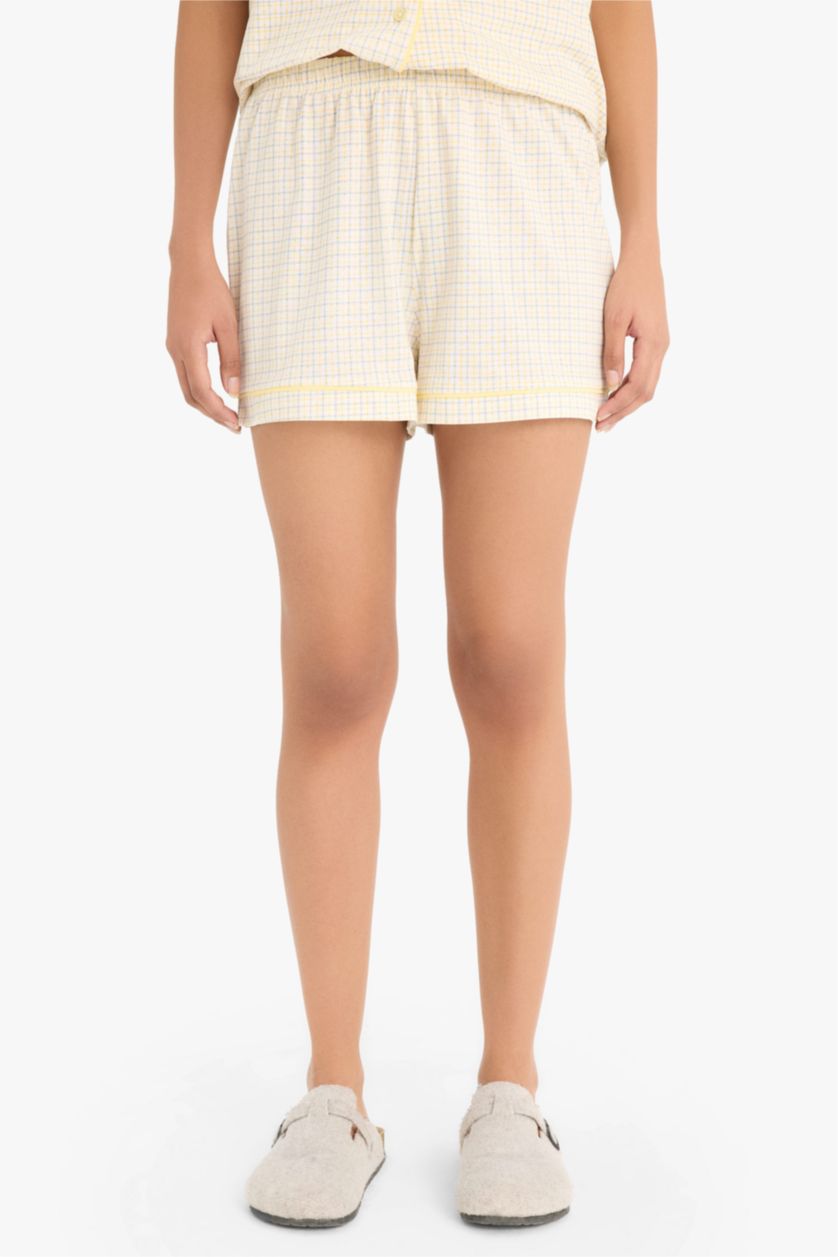 Kadın Ekru Pijama Takımı Kısa Kollu Üst Beli Lastikli Kısa Şort