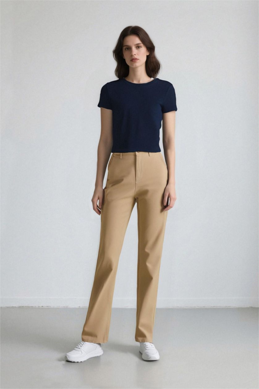 Woman Beige Straight Fit Gabardine High Waist Trousers