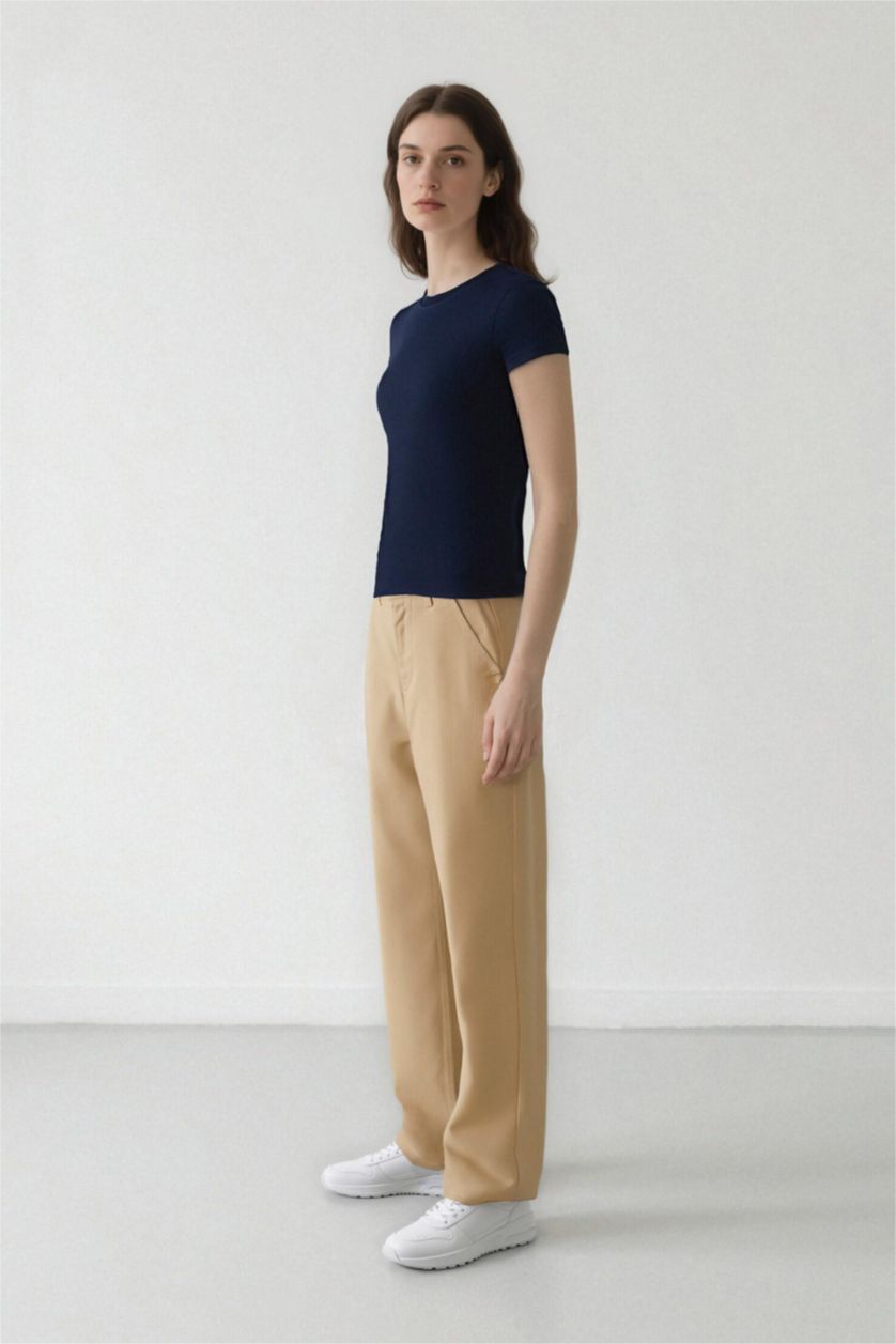Woman Beige Straight Fit Gabardine High Waist Trousers