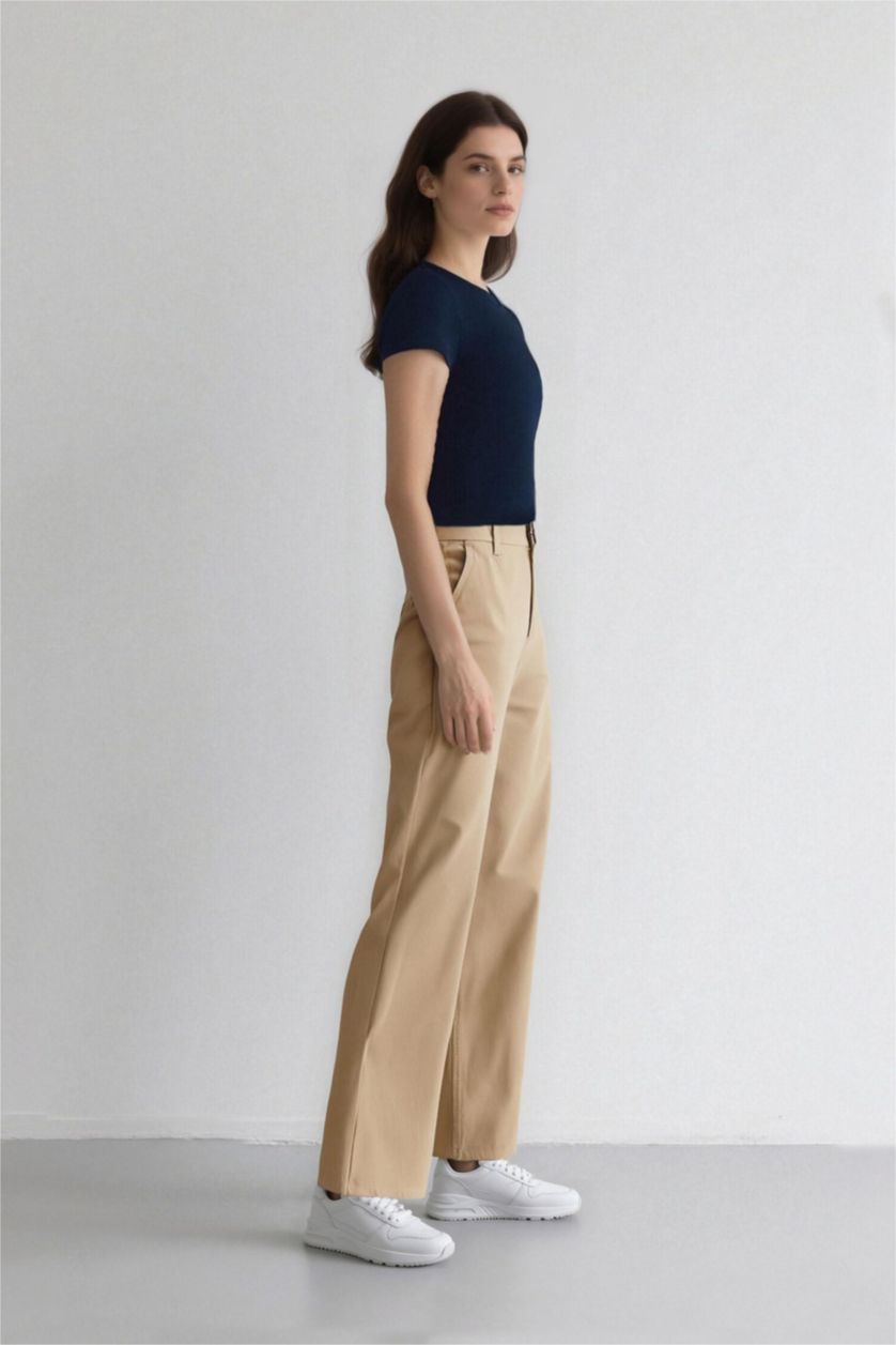 Woman Beige Straight Fit Gabardine High Waist Trousers