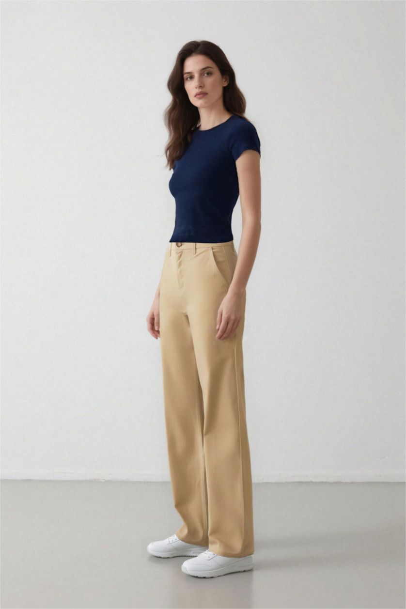 Woman Beige Straight Fit Gabardine High Waist Trousers