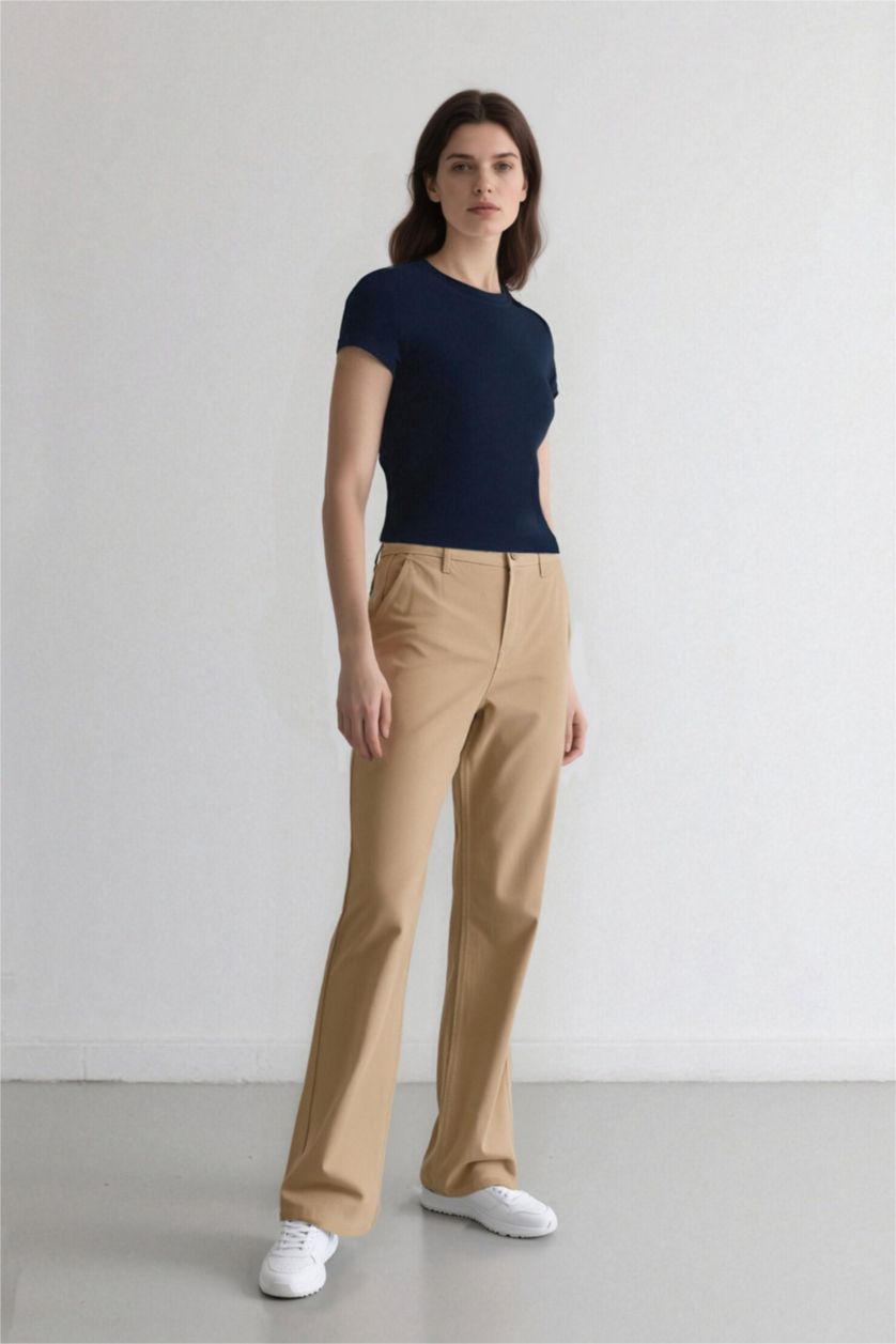 Woman Beige Straight Fit Gabardine High Waist Trousers