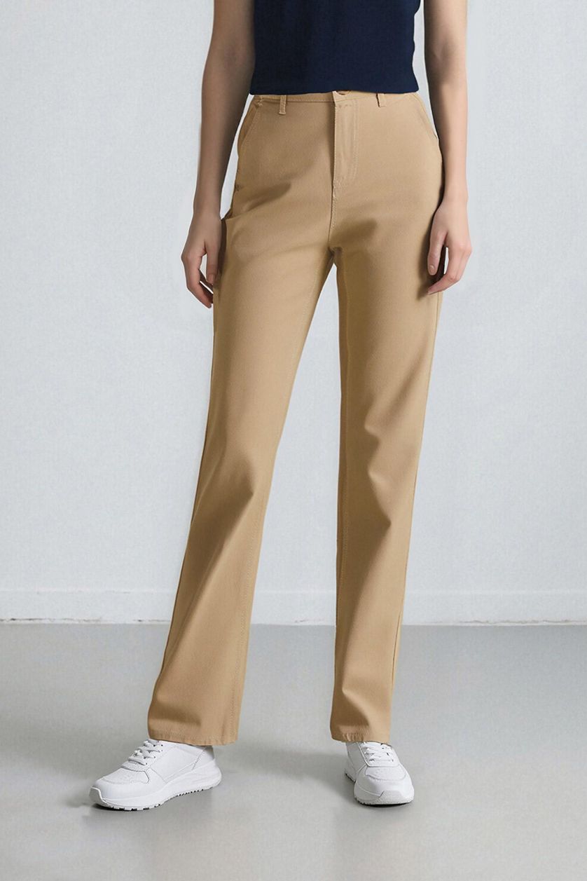 Woman Beige Straight Fit Gabardine High Waist Trousers