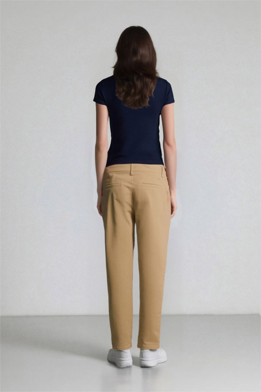 Woman Beige Straight Fit Gabardine High Waist Trousers