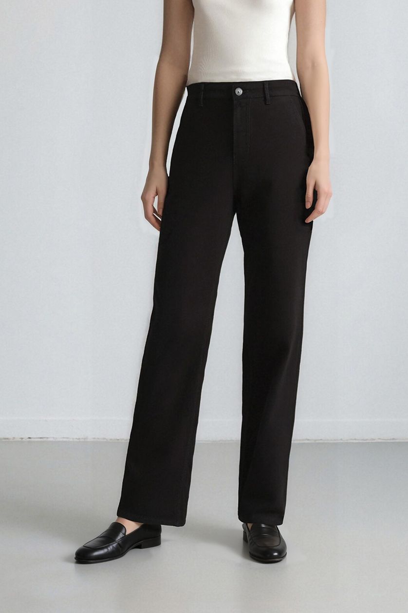 Woman Black Straight Fit Gabardine High Waist Trousers