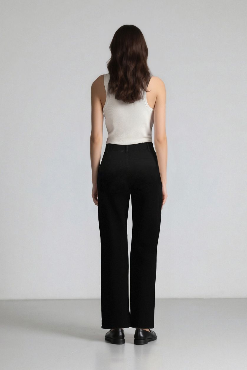 Woman Black Straight Fit Gabardine High Waist Trousers