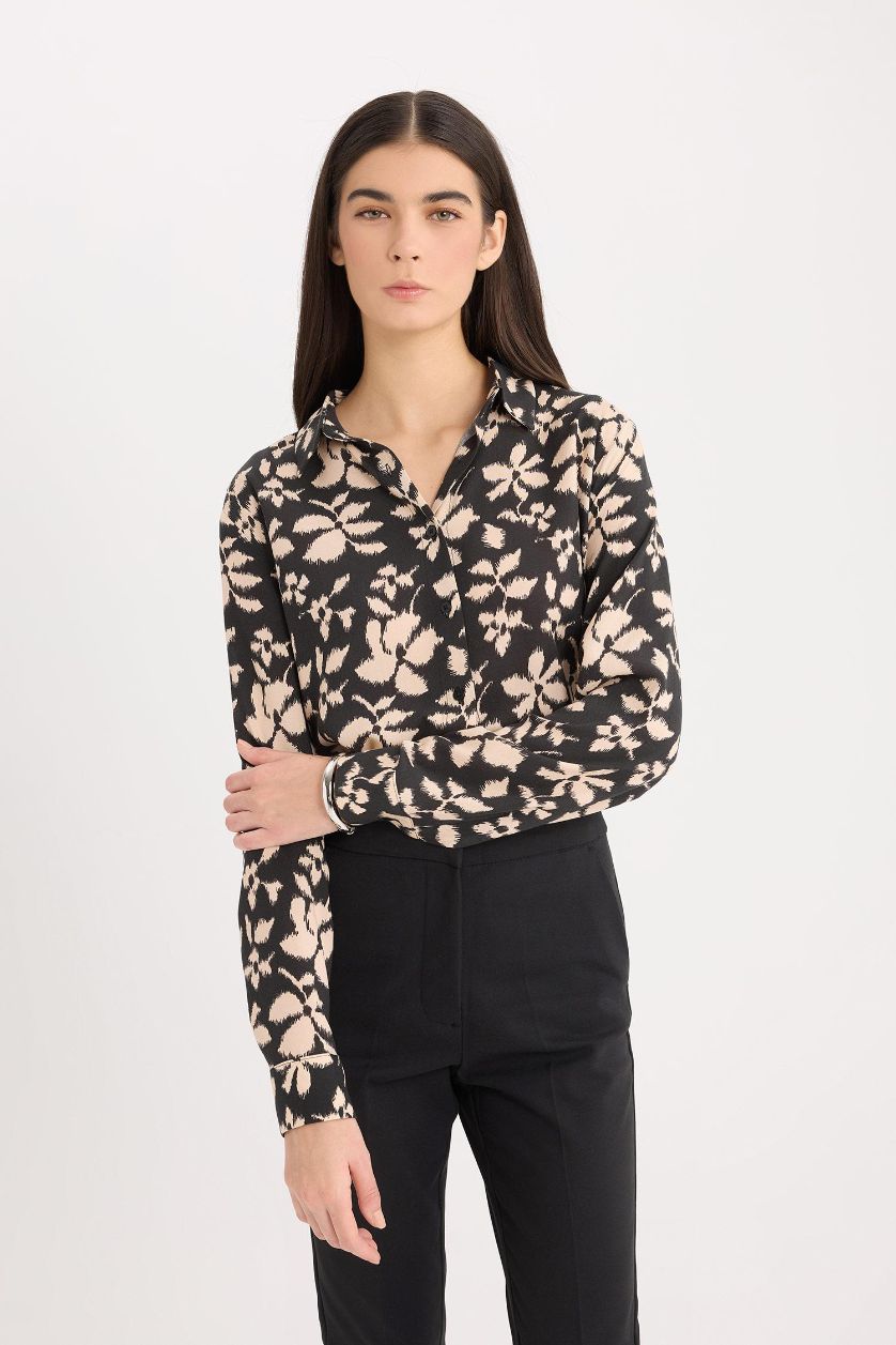 Kadın Siyah Oversize Geniş Kalıp Desenli Uzun Kollu Gömlek Tunik