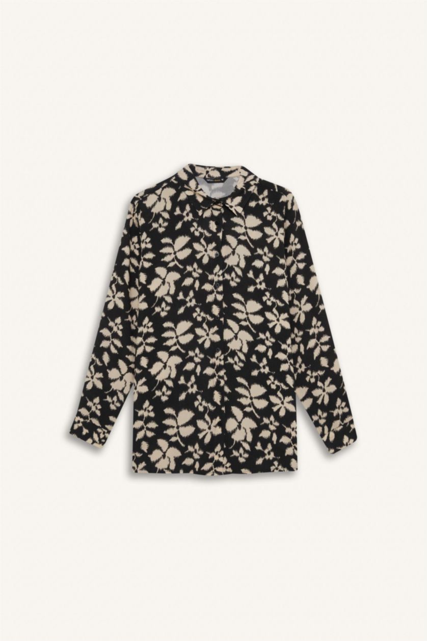 Kadın Siyah Oversize Geniş Kalıp Desenli Uzun Kollu Gömlek Tunik