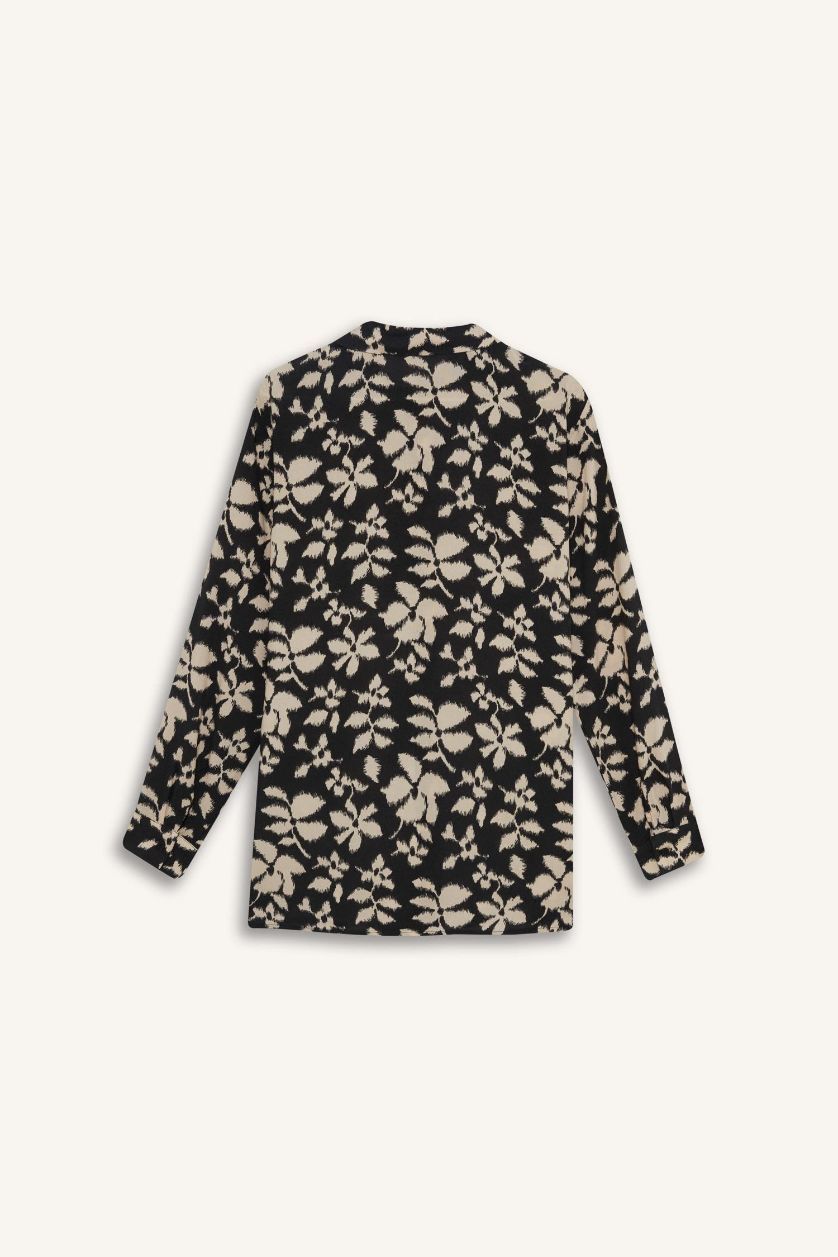 Kadın Siyah Oversize Geniş Kalıp Desenli Uzun Kollu Gömlek Tunik