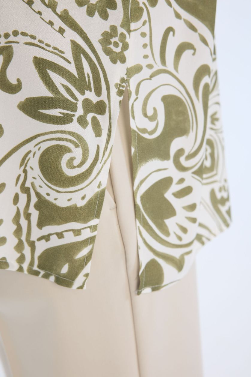 Kadın Haki Oversize Geniş Kalıp Desenli Uzun Kollu Gömlek Tunik