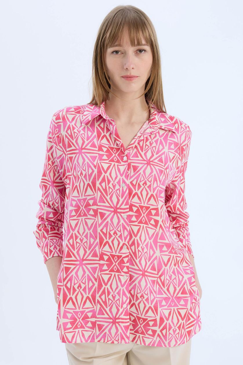 Woman Pink Oversize Fit Shirt Collar Printed Long Sleeve Tunic