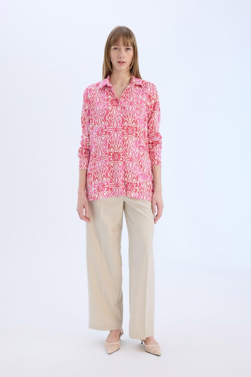 Woman Pink Oversize Fit Shirt Collar Printed Long Sleeve Tunic