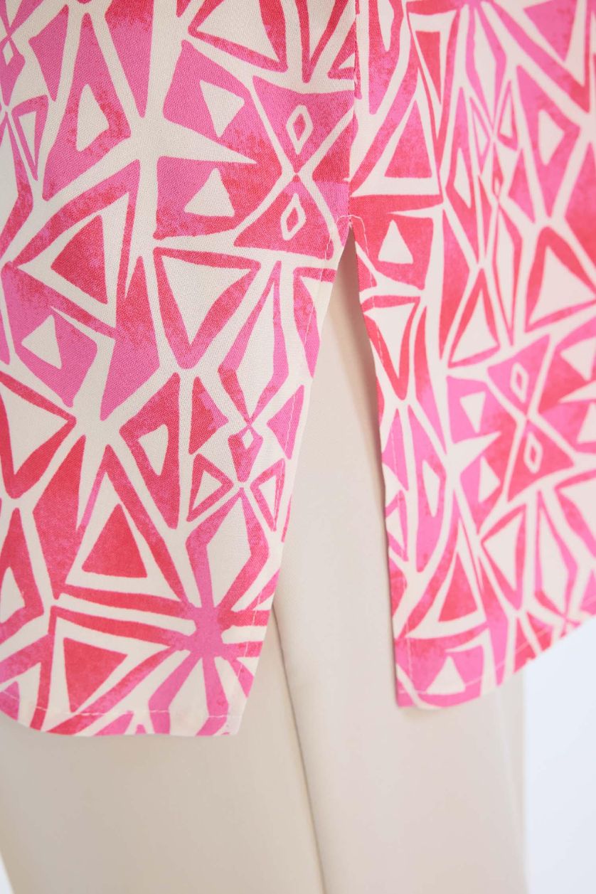 Woman Pink Oversize Fit Shirt Collar Printed Long Sleeve Tunic