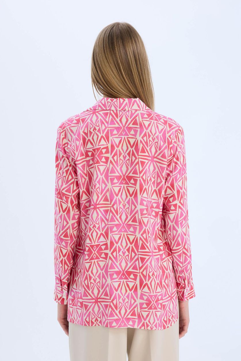 Woman Pink Oversize Fit Shirt Collar Printed Long Sleeve Tunic