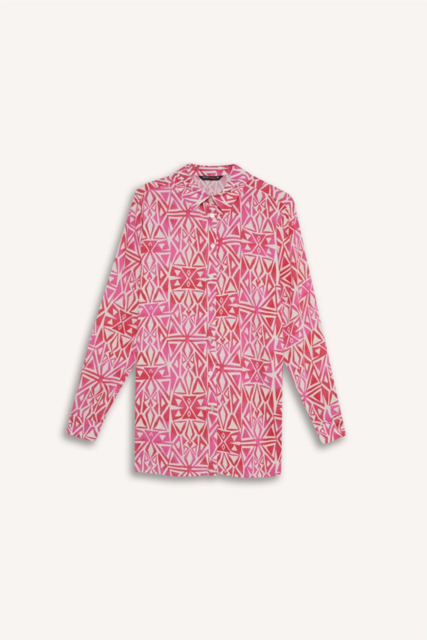 نساء زهري Oversize Shirt Collar Printed Long Sleeve Tunic