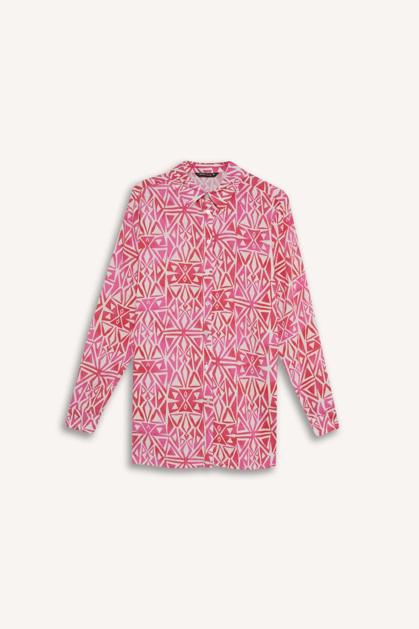 Woman Pink Oversize Fit Shirt Collar Printed Long Sleeve Tunic