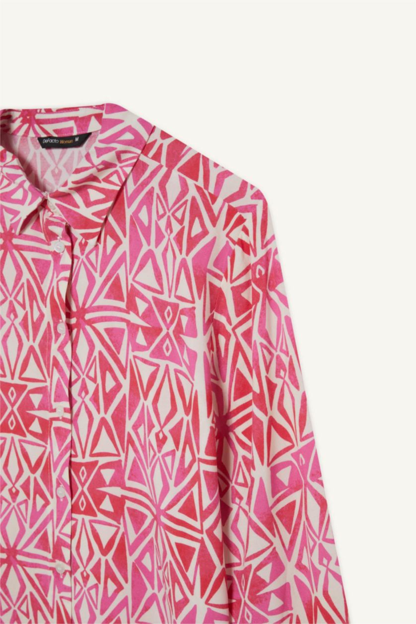 نساء زهري Oversize Shirt Collar Printed Long Sleeve Tunic