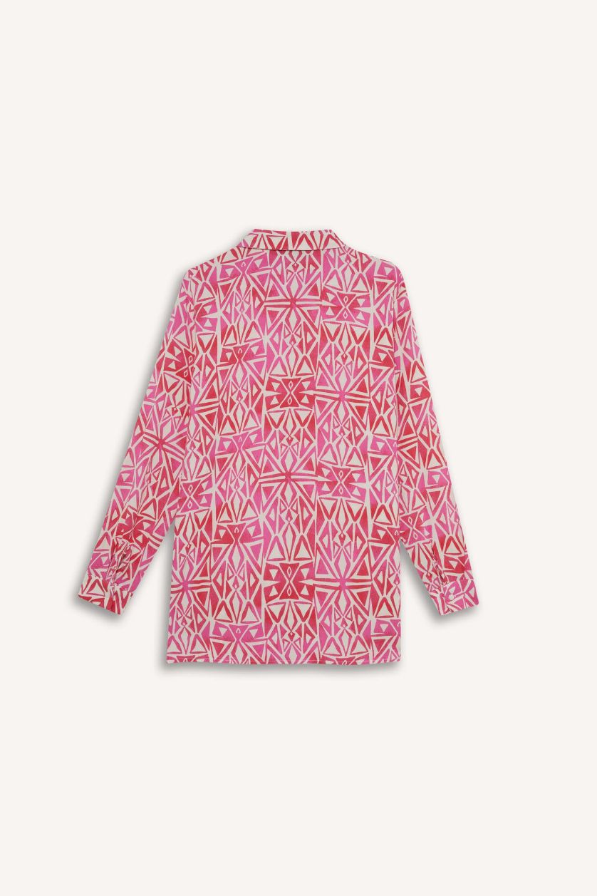 Woman Pink Oversize Fit Shirt Collar Printed Long Sleeve Tunic