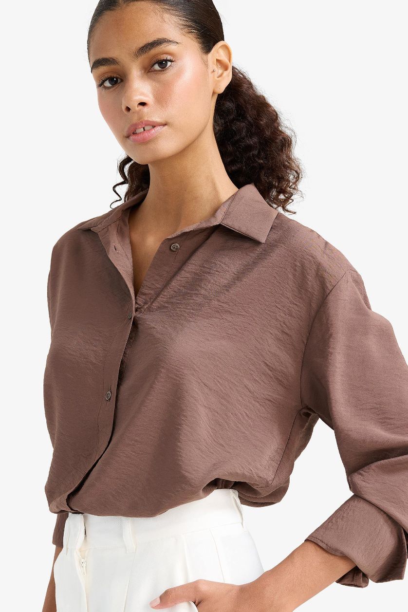 WOMAN Brown Oversize Fit Shirt Collar Long Sleeve Shirt