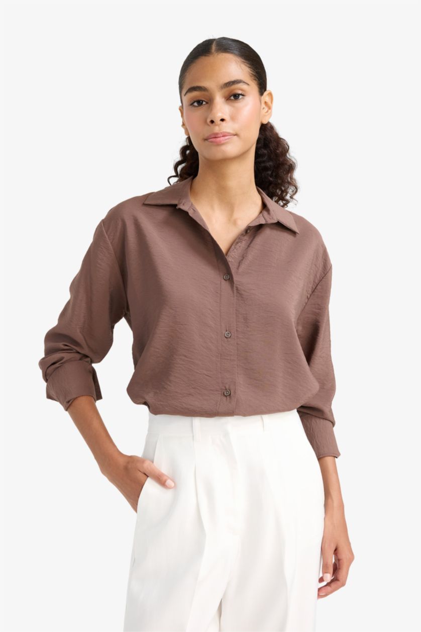 WOMAN Brown Oversize Fit Shirt Collar Long Sleeve Shirt