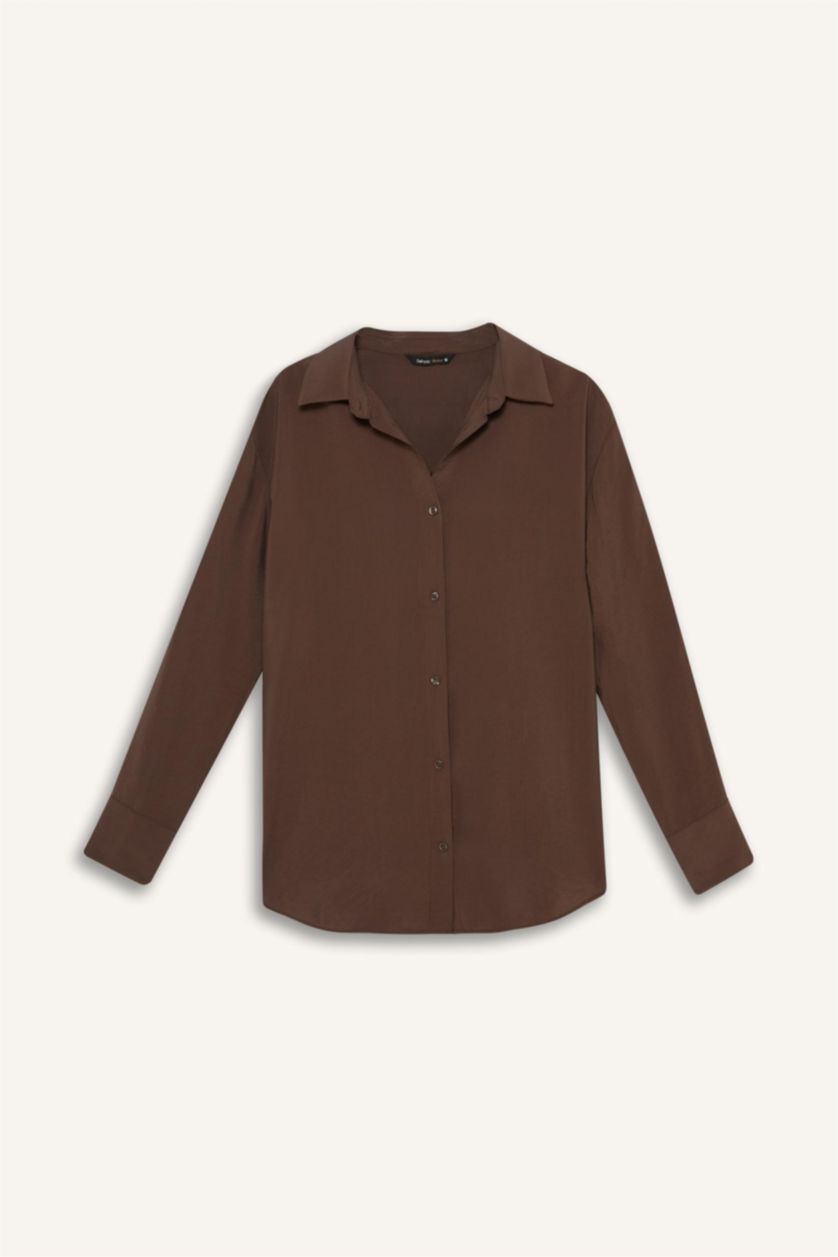 WOMAN Brown Oversize Shirt Collar Long Sleeve Shirt