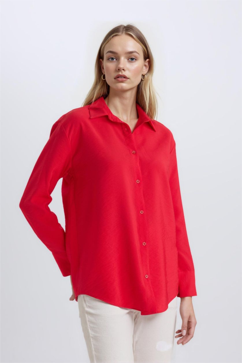 Kadın Kırmızı Oversıze Basıc Kırmızı Gömlek