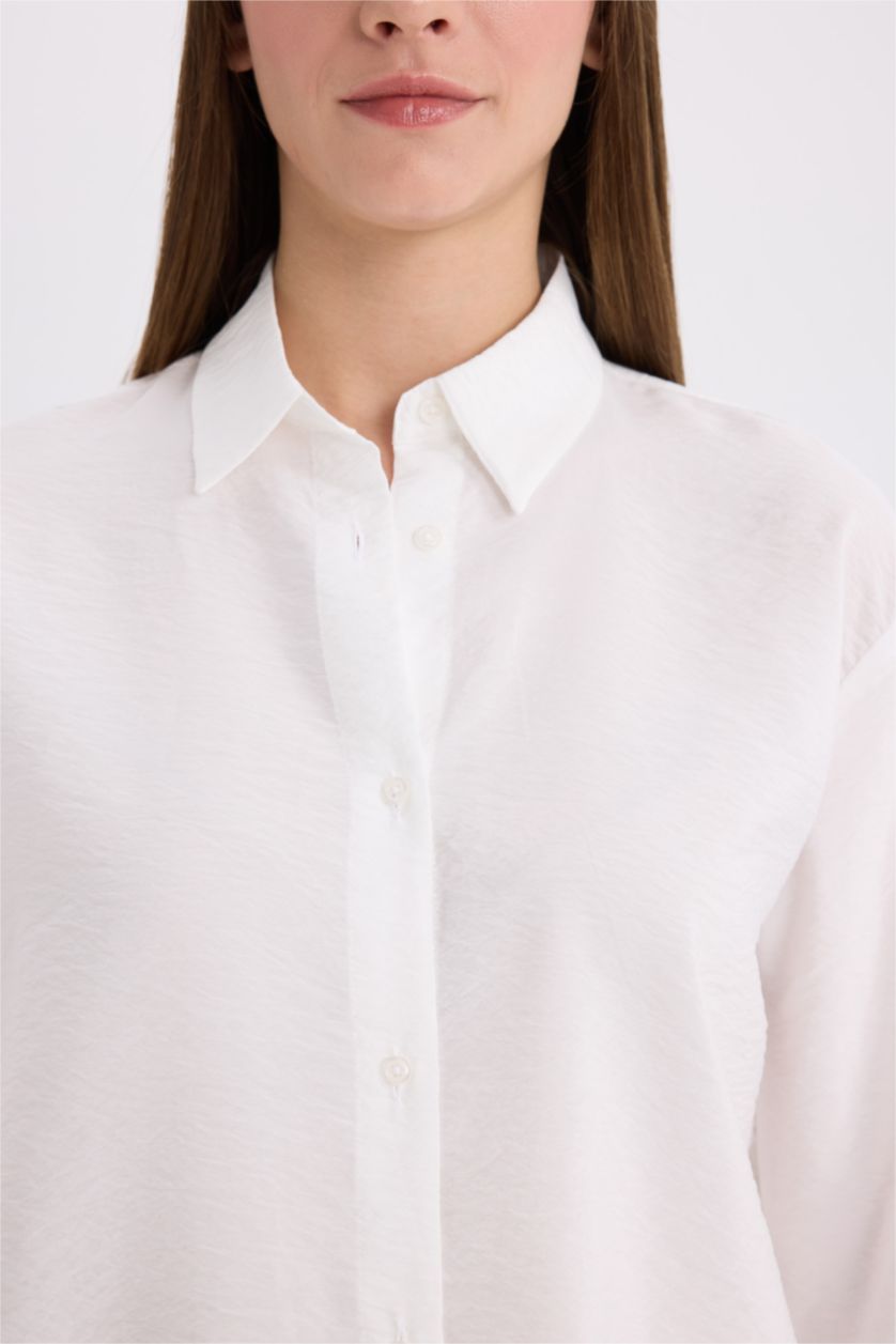 Kadın Kırık Beyaz Oversize Geniş Kalıp Basic Düz Uzun Kollu Beyaz Gömlek