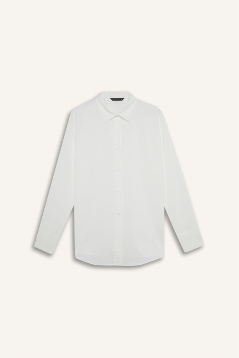 Kadın Kırık Beyaz Oversize Geniş Kalıp Basic Düz Uzun Kollu Beyaz Gömlek